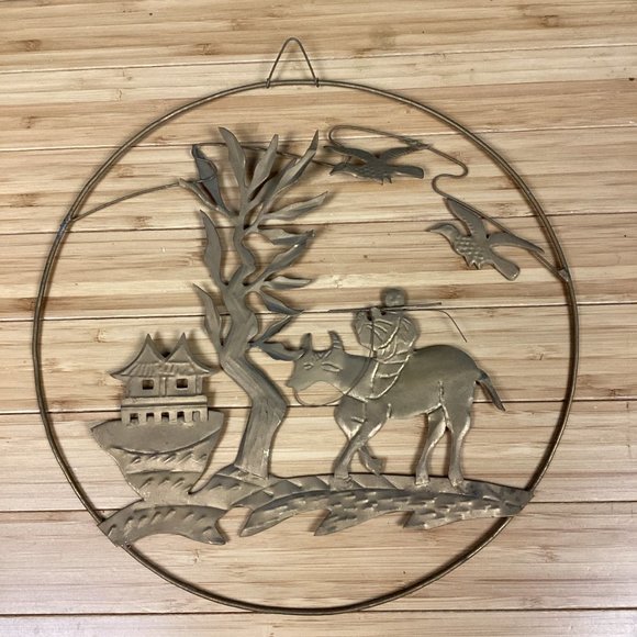 Vintage Metal Asian Folk Art Wall Hangings Set (4) - Picture 5 of 15